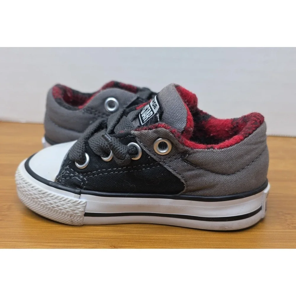 Converse All Star Low Top Toddler Shoes Black Gray Red Check Lining Size 4
